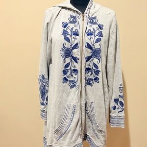 Johnny Was Embroidered Hoodie Full Zip Stretch Jersey Sweatshirt Jacket Medium